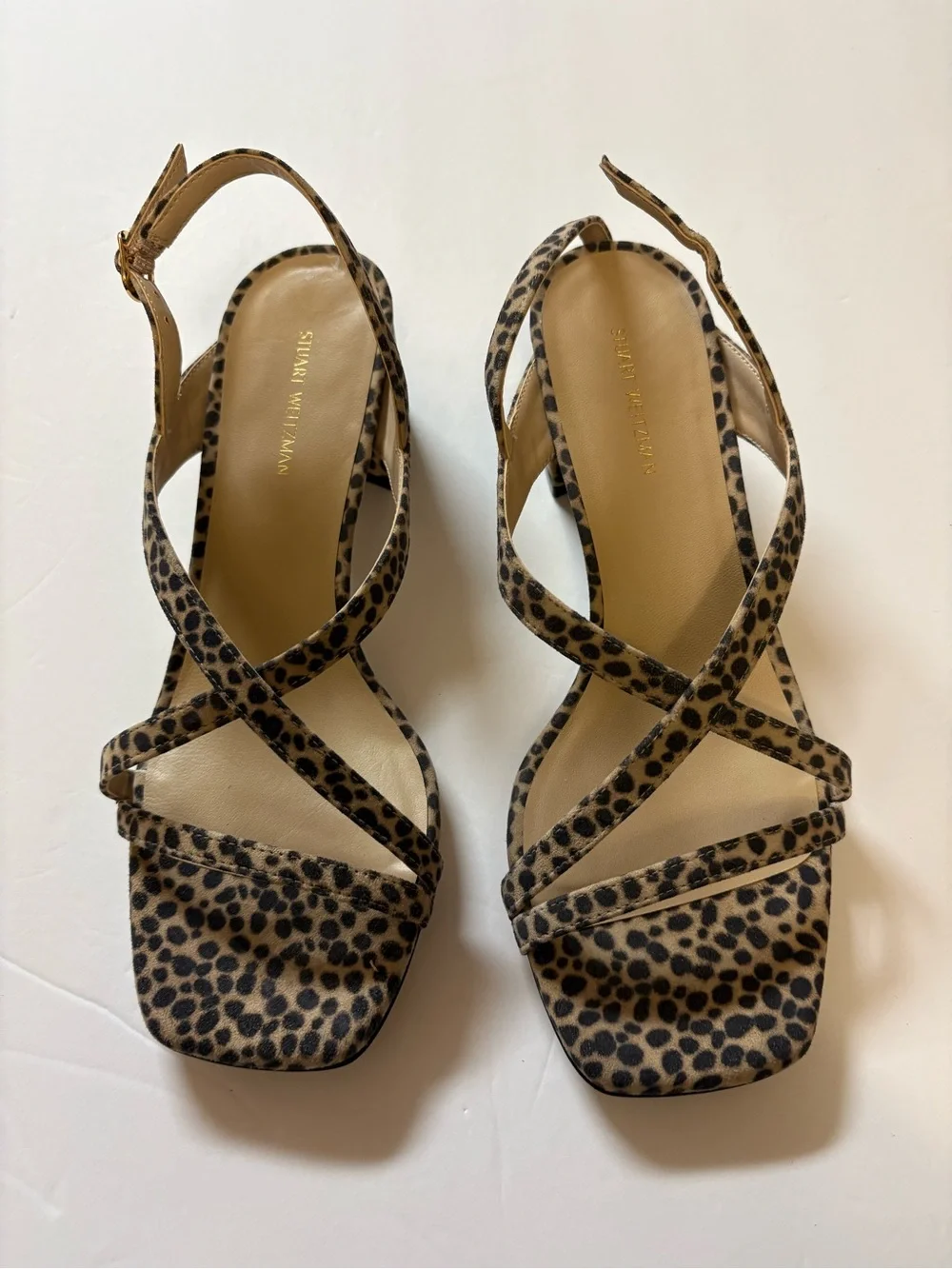 Stuart Weitzman Leopard Print Strappy Sandals - Tan & Black 7.5